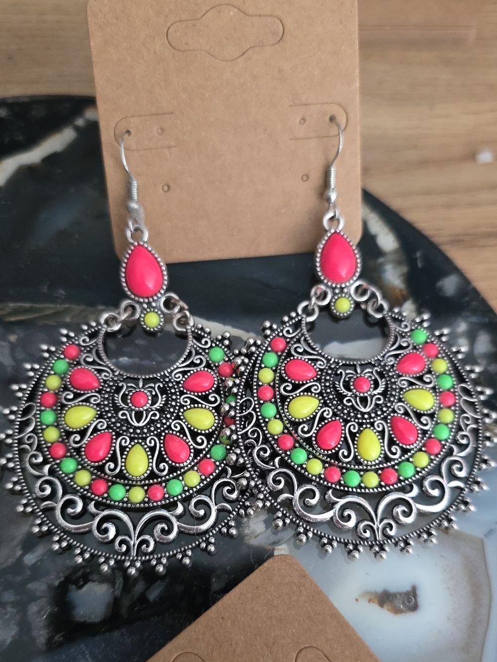 Neon Pink & Yellow Boho Drop Earrings – Women Jewelry - Picture 3 of 4